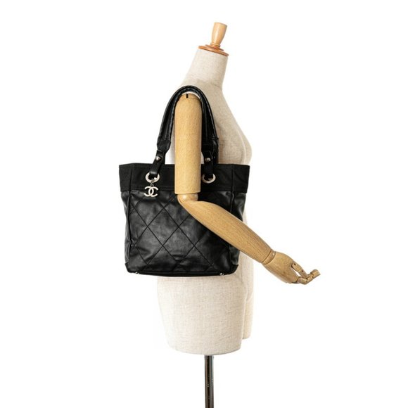 CHANEL Paris Biarritz PM Tote Bag Shoulder A34208 Black Leather Canvas Women's - Picture 8 of 8